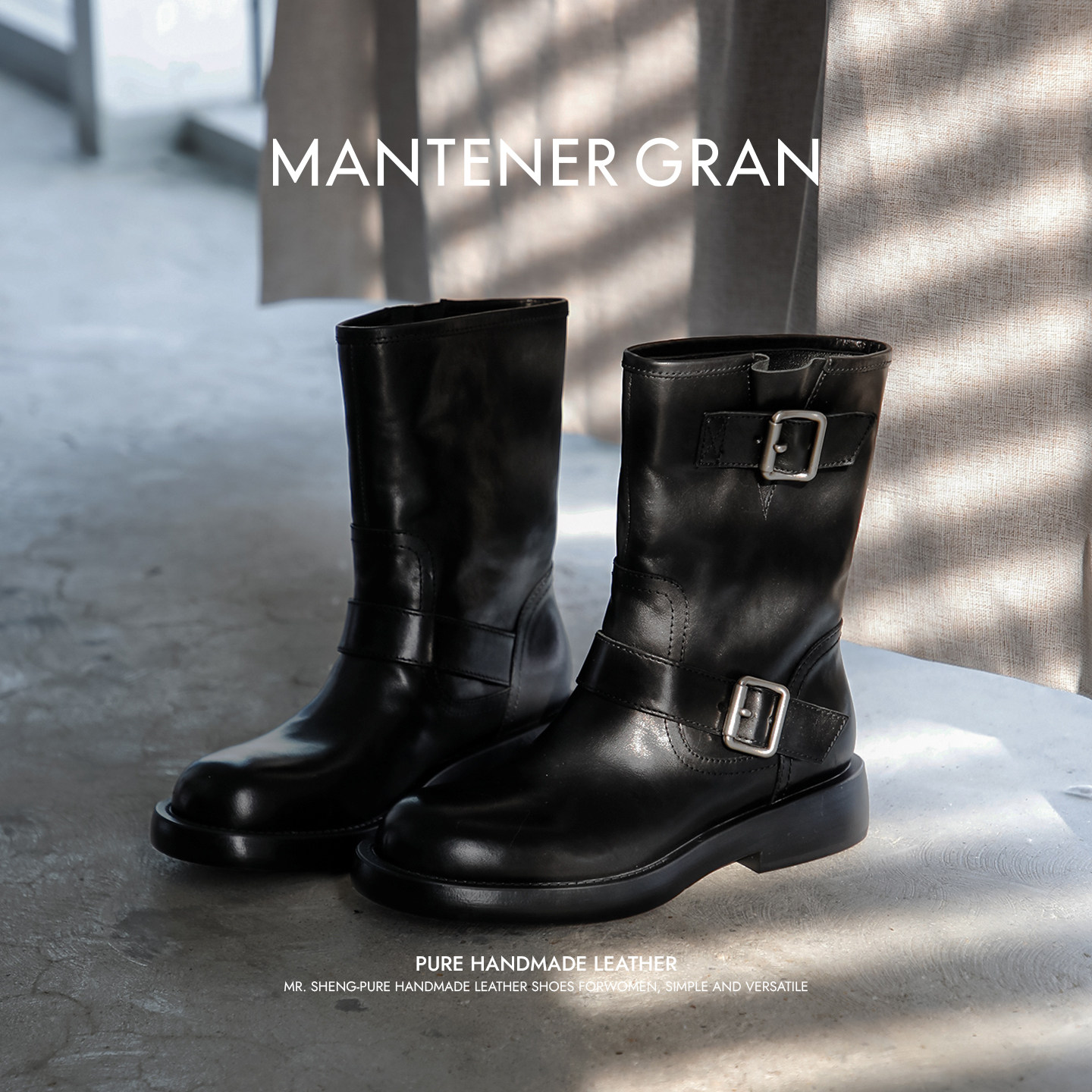MantenerGran黑色油蜡牛皮中筒靴女双扣带圆头厚底工装靴 MG女鞋图片