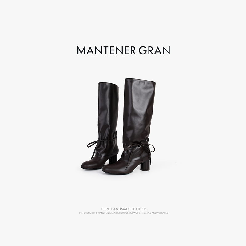 MantenerGran牛皮靴子女长筒靴高跟堆堆靴蝴蝶结时装靴 MG女鞋