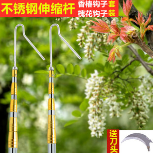 速发多功能伸缩子高空摘果杆香椿槐抄钩杆钓鱼割草杆花网竿不锈钢