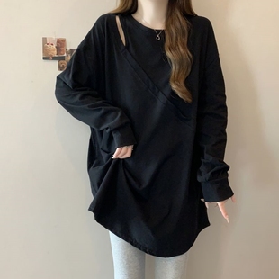 速发设T感镂空长袖计恤打底衫春秋款款码中长大遮屁股上衣