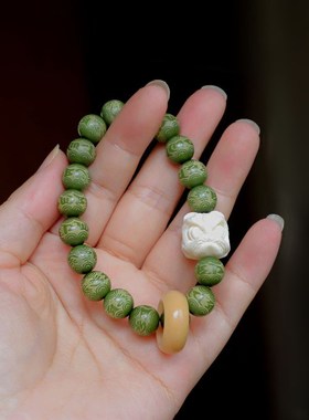 速发绿菩提精雕圆珠手链男醒狮跑环文玩手串盘玩佛珠串白玉菩提根