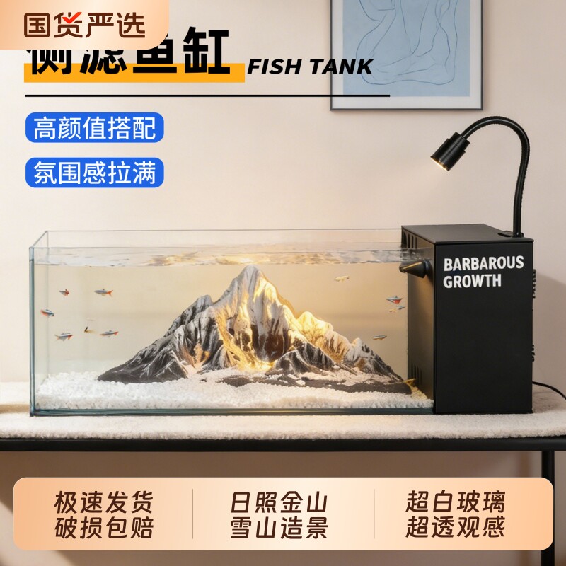 新款侧滤溪流缸桌面鱼缸小型客厅生态造景全套过滤制氧一体机背景