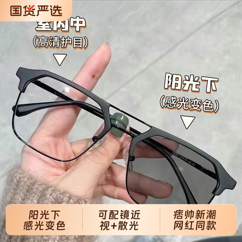 变色近视眼镜男款斯文败类半框防蓝光平光镜眼镜框架黑框感光可配