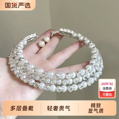 法式vintage三层仿珍珠项链耳环套装轻奢choke配礼服配饰多层精致