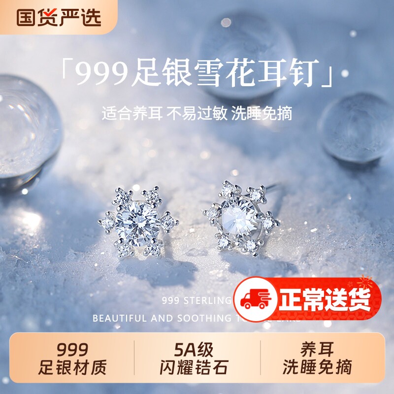 S999纯银针雪花耳钉女2026新款爆款锆石耳环轻奢高级感养耳洞