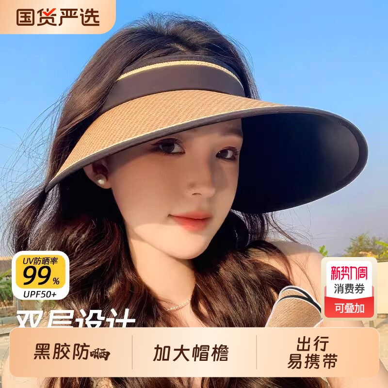 防紫外线空顶防晒帽2026年夏季女太阳帽子遮阳草帽遮脸可折叠草编
