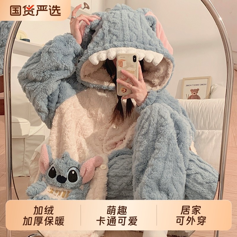 冬季珊瑚绒睡衣女大码长款加棉加厚法兰绒睡袍家居服套装加绒外穿