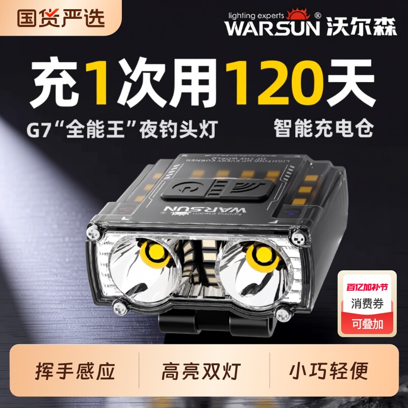 沃尔森夜钓头灯猫头鹰钓鱼专用G7强光超亮充电超长续航感应帽夹灯
