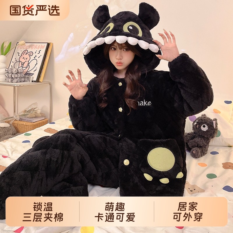 珊瑚绒睡衣女款冬季三层加厚夹棉长袖2025新款女士保暖连帽家居服