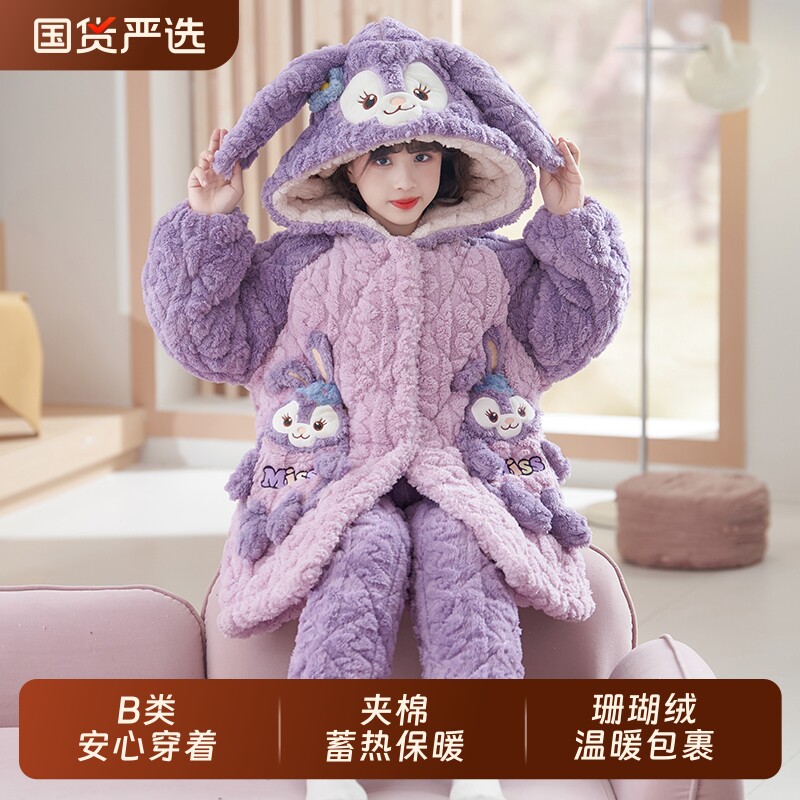 女童睡衣冬季三层夹棉加绒加厚珊瑚绒2025新款儿童女孩家居服冬款