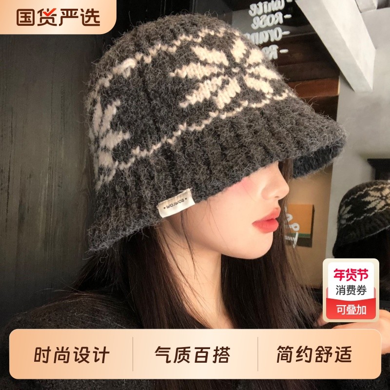 高级感灰色雪花针织渔夫帽女秋冬季保暖显脸小盆帽大头围水桶帽子,服饰配件/皮带/帽子/围巾,帽子,淘宝优惠券,粉丝福利购,淘宝优惠卷