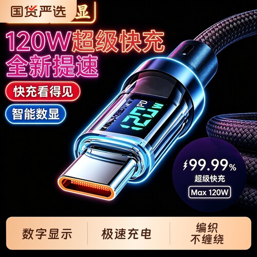 睿洛智能数显充电线120W快充数据线适用华为OPPO小米vivo安卓闪充手机typec数据线车载通用充电器线加长2米