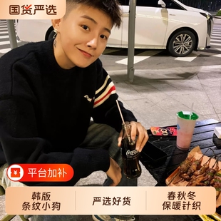 创博鑫秋冬新款条纹小狗毛衣男女韩版圆领套头情侣休闲保暖针织衫