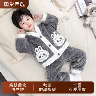 儿童珊瑚绒睡衣秋冬新款男童网红卡通兔套装宝宝冬季法兰绒家居服