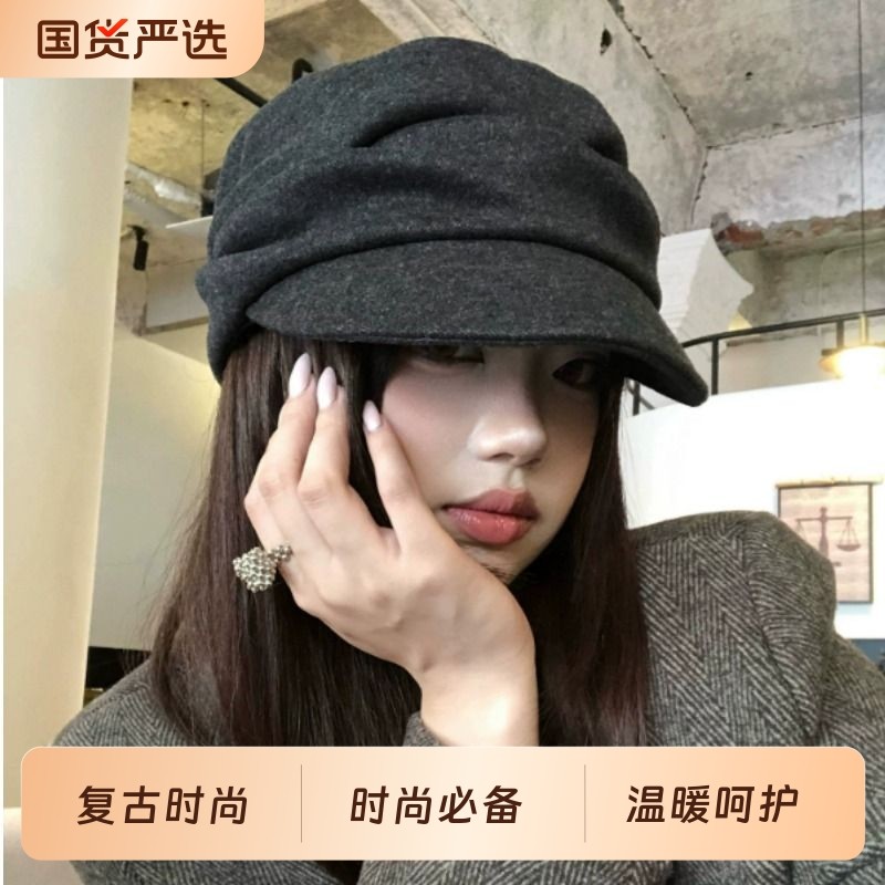 日系山本风黑色褶皱贝雷帽女秋冬2025新款复古鸭舌报童帽子画家帽