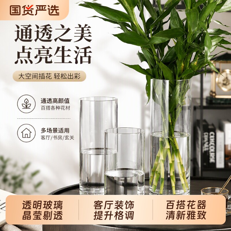 特大号玻璃花瓶透明插花水养富贵竹百合圆柱落地简约百搭摆件客厅