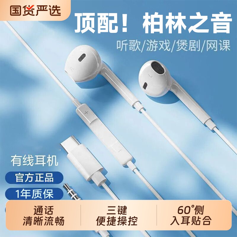 柏林有线耳机高音质入耳式双耳带麦Type-c口圆头降噪适用OPPO华为