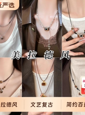 复古棕色胶片相机项链女秋冬高级设计感皮革虎眼石毛衣链百搭颈链