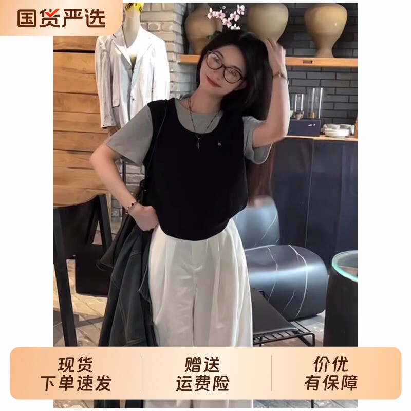 法式设计感假两件正肩短袖t恤女夏漂亮小个子黑色宽松上衣薄款图片
