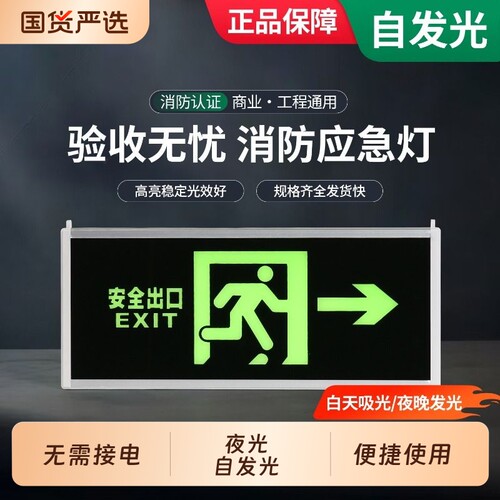 自发光消防应急疏散指示灯安全出口指示牌夜光荧光电源插电双面