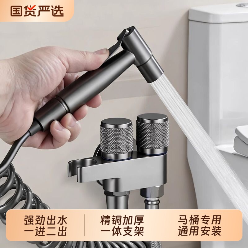 马桶伴侣喷枪套装精铜一进二出角阀家用厕所卫生间增压冲洗喷头图片
