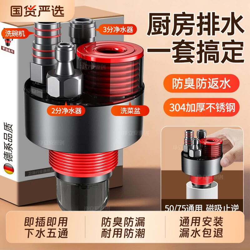 厨房下水管三通洗菜盆水槽净水器五通集成下水排水管道防返臭神器