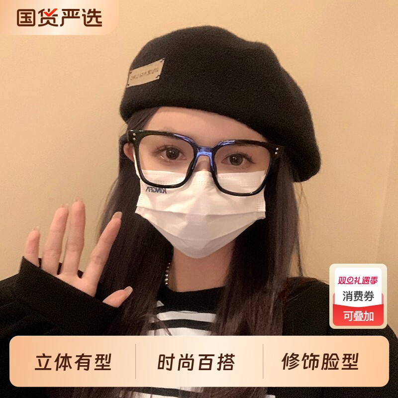 大头围黑色贝雷帽女春秋新款显脸小反戴前进帽秋冬羊毛呢画家帽子