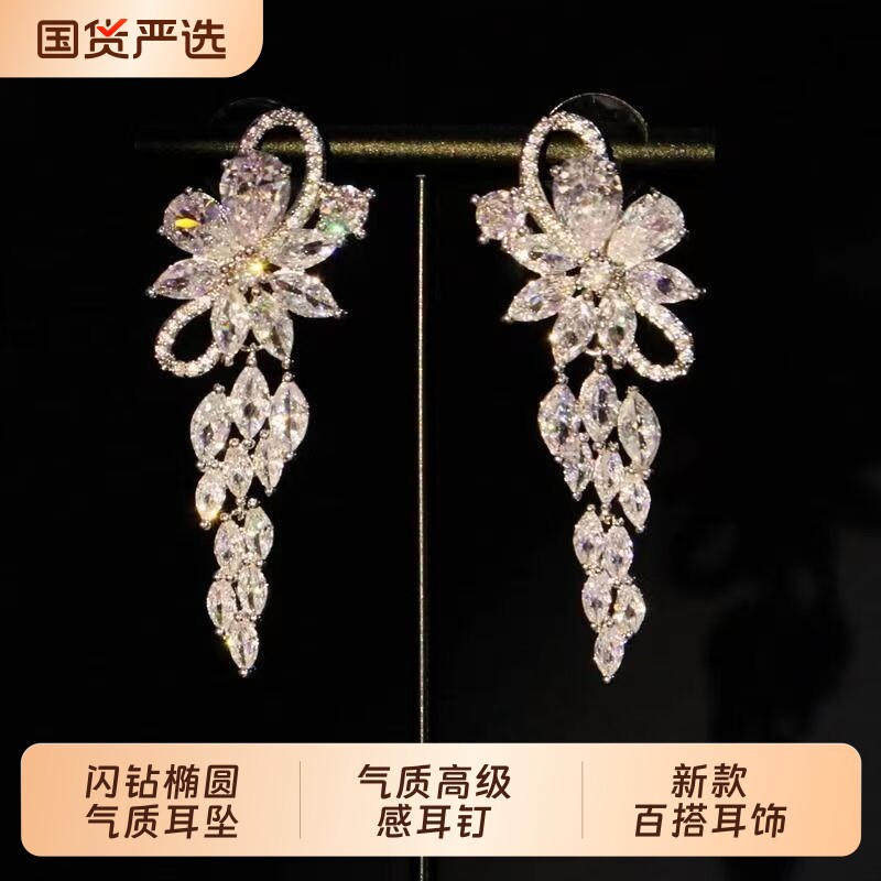 椭圆夸张婚礼耳钉长款韩式新款气质耳坠新娘高级感耳饰品流苏银色