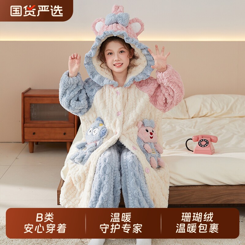 女童睡袍秋冬季珊瑚绒加厚儿童睡衣法兰绒女孩家居服冬款2025新款