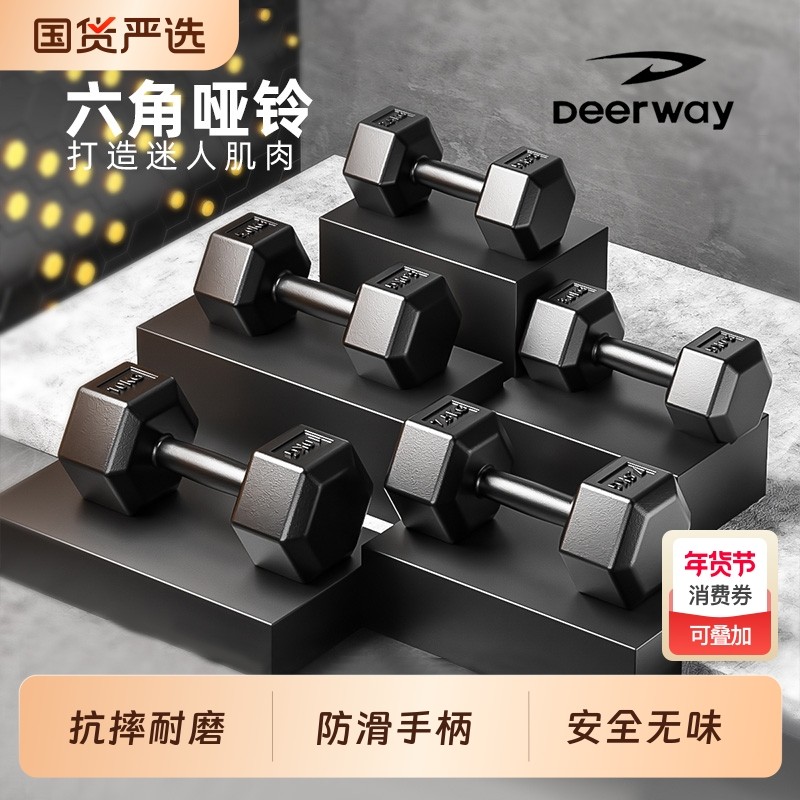 德尔惠哑铃环保包胶六角防滚动男士学生10kg*2练臂肌家用健身器