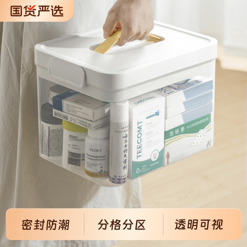 药箱透明大容量双层带盖药物整理盒手提式防尘家用药品收纳盒密封