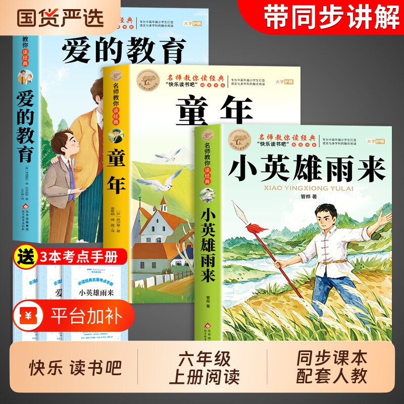 全套3册小英雄雨来六年级上册必读正版的课外书高尔基原著童年爱的教育亚米契斯快乐读书吧六上阅读书籍人教版书目6上漂流鲁滨逊