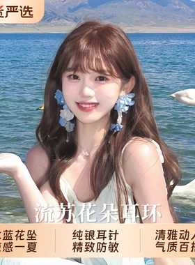 S925银针超仙夏日蓝色流苏花朵耳钉女高级感度假风耳环独特耳饰品