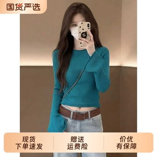 绿色套头针织衫女秋季新款短款长袖喇叭袖毛衣上衣外穿打底衫圆领