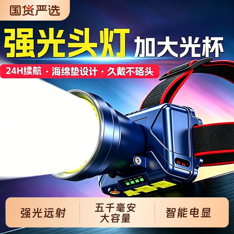 微笑鲨强光头灯超亮超长续航头戴式照明灯新款钓鱼专用户外登山灯