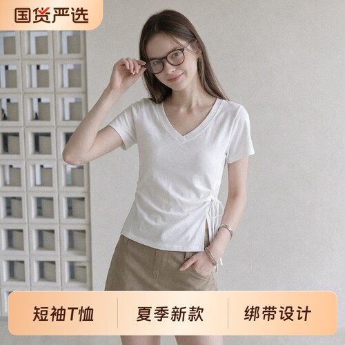 浪莎短袖T恤女韩系气质白色v领系带收腰夏季新款慵懒风百搭上衣