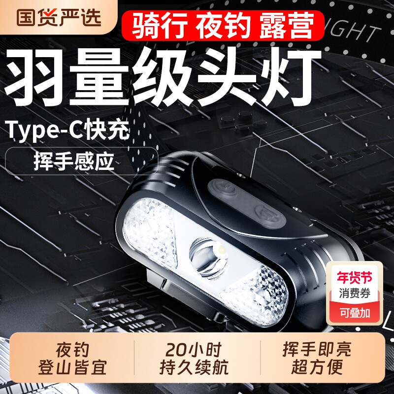 江尛鱼头灯强光充电超亮感应头戴式照明超长续航户外钓鱼小手电筒