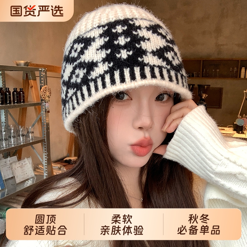 网红针织水桶帽子女秋冬季防寒保暖堆堆帽时尚洋气渔夫韩系毛线帽