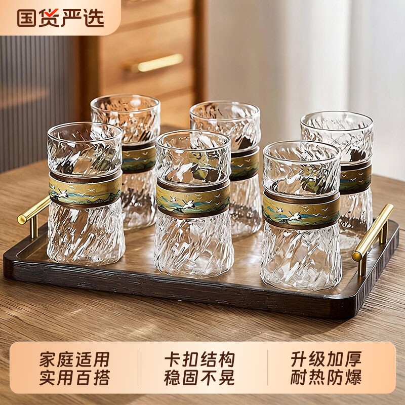 青苹果浮雕玻璃水杯套装家庭用待客厅耐高温泡茶杯子喝咖啡啤酒杯图片