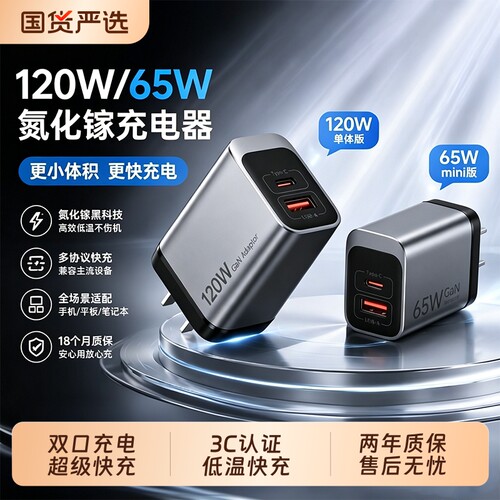 氮化镓65W充电器双口120W适用华为小米vivo荣耀苹果iqoo安卓usb接口多功能通用笔记本快充协议闪充安心数据