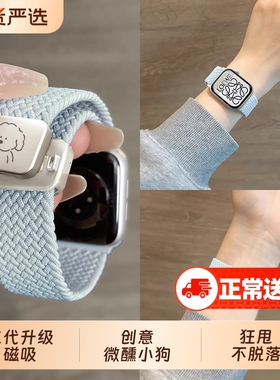 苹果手表表带编织磁吸适用S10S9iwatch10新款尼龙applewatch8代7S7弹力SE腕带S6高级5男女款42mm运动智能红色