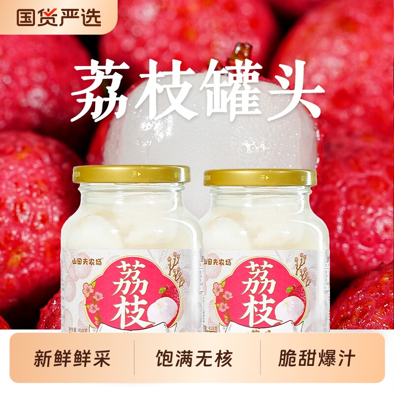 无核荔枝罐头 418g*2 瓶 山田夫农场 清甜多汁 开罐即食 新鲜罐头