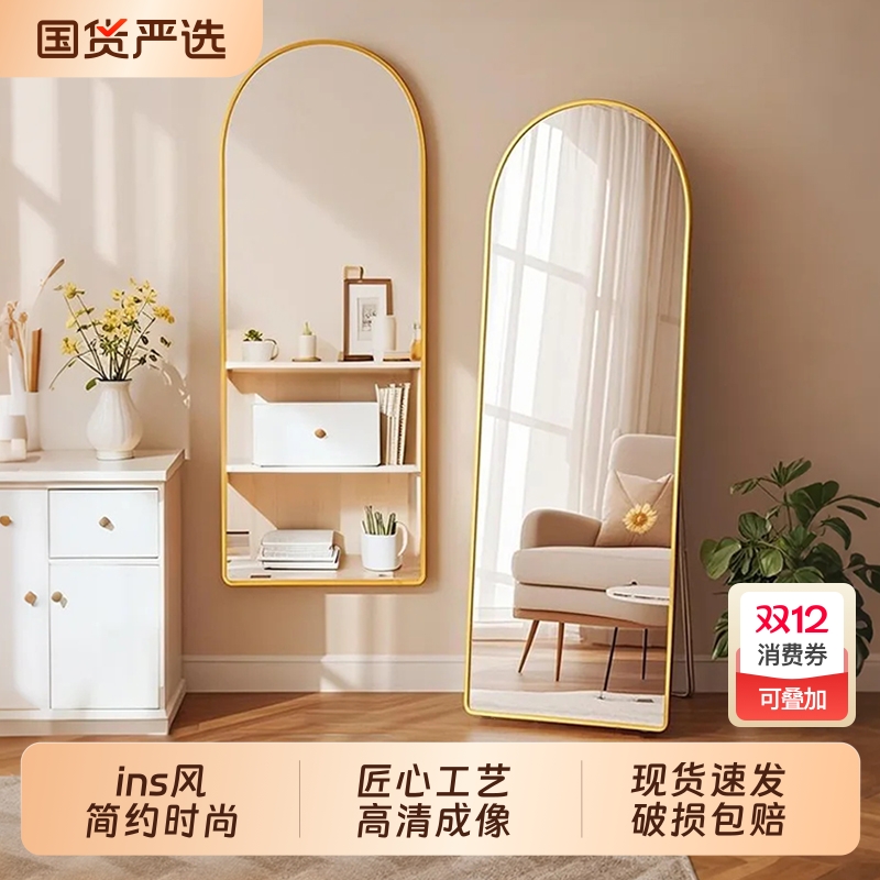 全身镜落地镜家用女生ins风穿衣镜挂墙试衣镜卧室立体大镜子金属