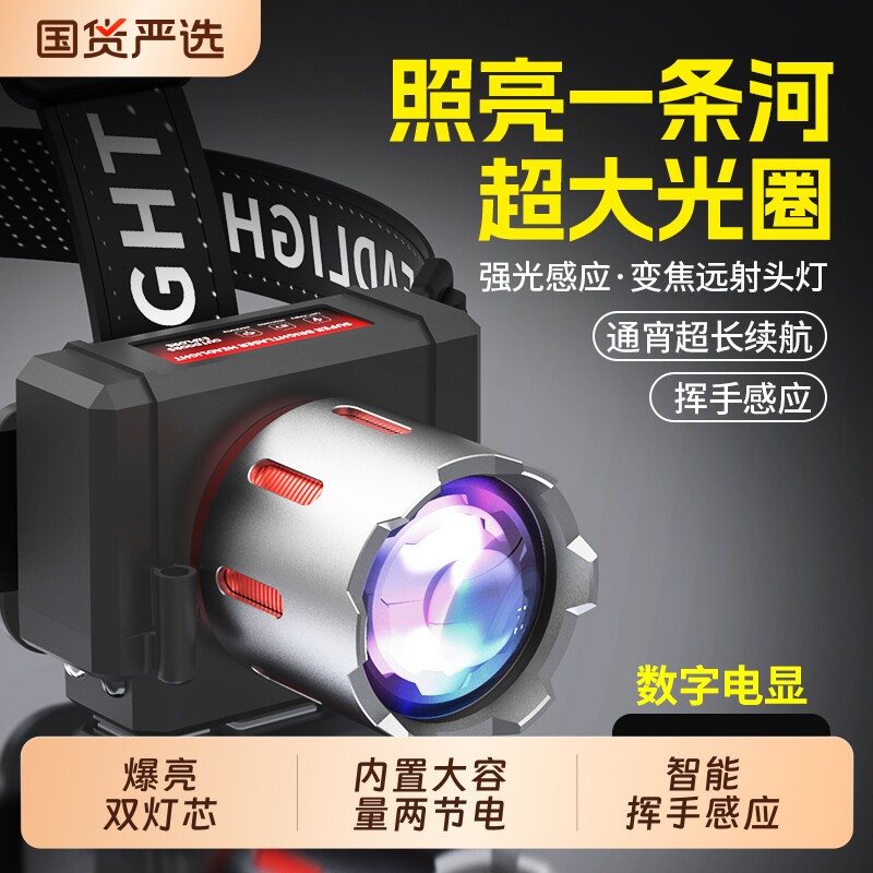 新款强光头灯超亮充电感应头戴式手电筒户外超长续航登山钓鱼专用