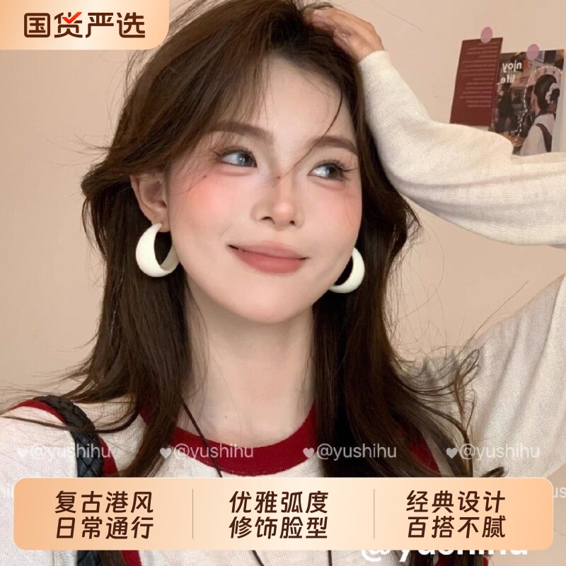 感复古红色C型耳环女夸张耳圈独特气质耳钉高级感耳饰白色蓝色