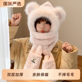 小熊围巾一体帽子可爱女秋冬季冬天保暖手套围脖三件套潮加绒防风