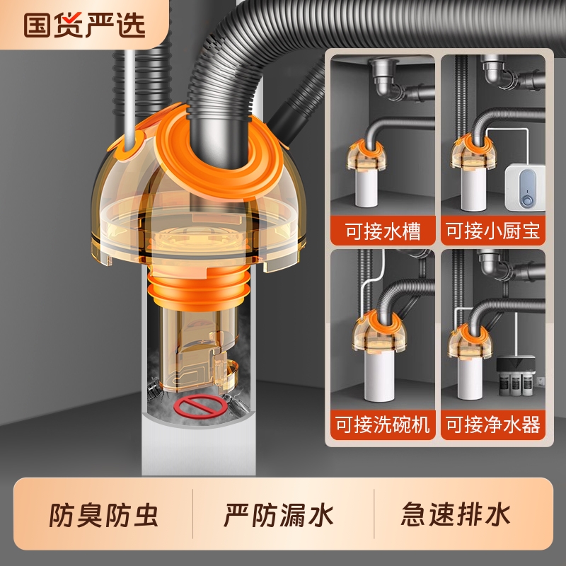 洗衣机下水道地漏接头排水管专用防臭防溢三头通分水器厨房接口