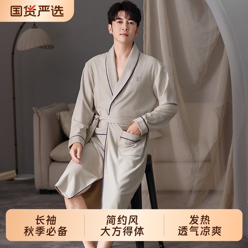 新款男士睡袍秋冬季德绒保暖发热加厚开衫翻领浴袍大码宽松家居服