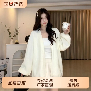 2026新款树皮纹工艺泡泡袖中长款针织开衫春秋款宽松慵懒风外套女