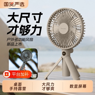 大尺寸手持风扇便携桌面轻音大风力USB可充电智能数显屏幕户外露营旅游家用降温喷雾两用清凉